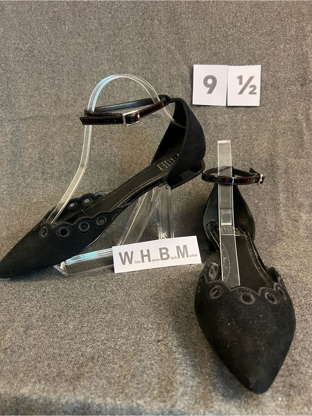 White House Black Market Black Suede Pointed Ankle-Strap Flats
